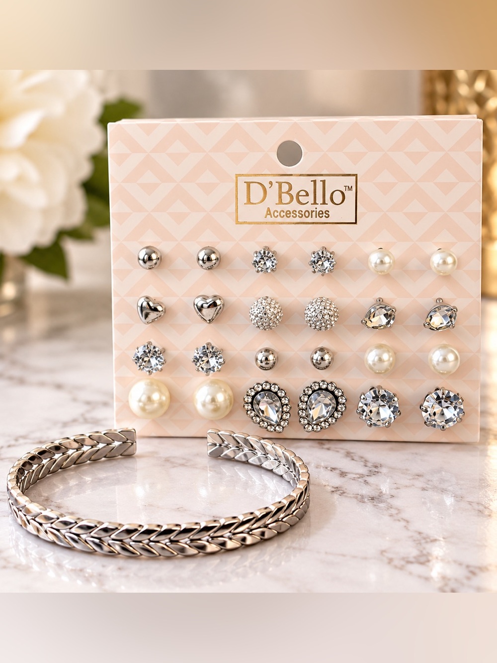 D’Bello 12 pair Earring Set with Silver Bracelet